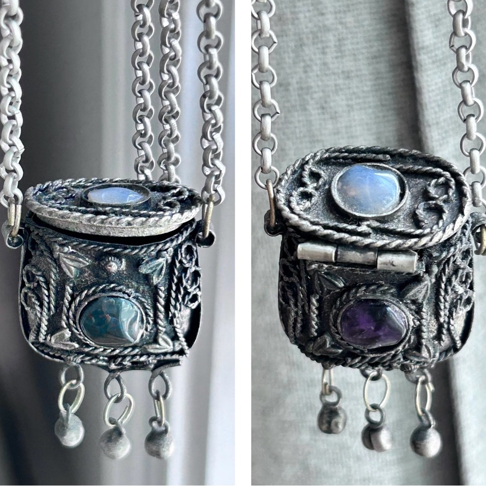 Vintage Silver Gemstone Locket Purse Necklace Tibetan Sajai India Amethyst Rare